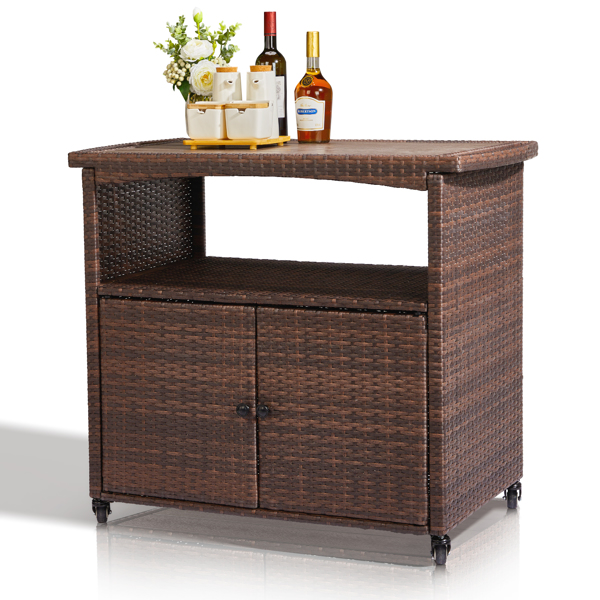 Outdoor Bar Cart with Storage Cabinet, Patio Wicker Sideboard Buffet Cabinet Prep Table, Outside Kitchen Serving Cart with Rolling Wheels & Handles, Brown