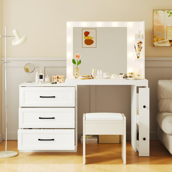 55.2" Vanity Desk with Freely Adjustable Side Cabinet, Makeup Vanity with Hollywood Lights, 5 Storage Drawers & 2-shelves, Modern Dressing Table, White（stool not included）