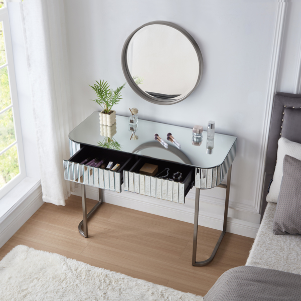 39" Mirrored Makeup Vanity Table with Stainless Steel Base, Mirrored Console Dressing Table with 2 Drawers,Versatile Desk for Bedroom and Office, Silver