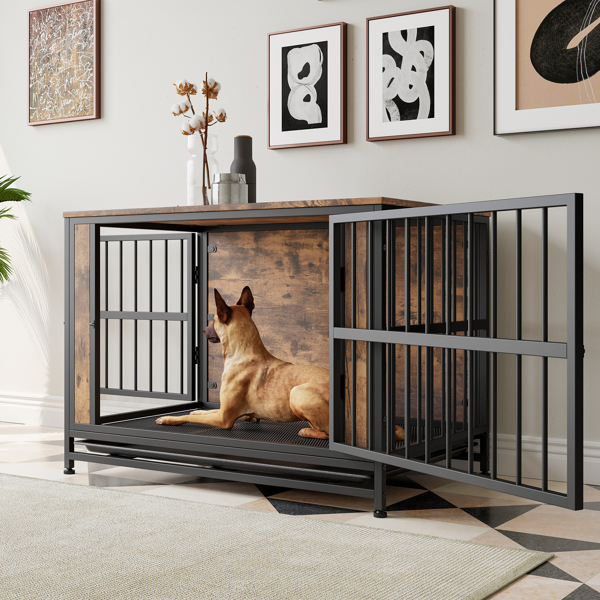 Dog Crate Furniture,  Wooden Dog Crate Table, 38.9" Dog Kennel with 2 Sliding Doors and Thick Iron Door Frame, Decorative Pet Crate House for Large/Medium/Small Dog Indoor Use(Rustic Brown)