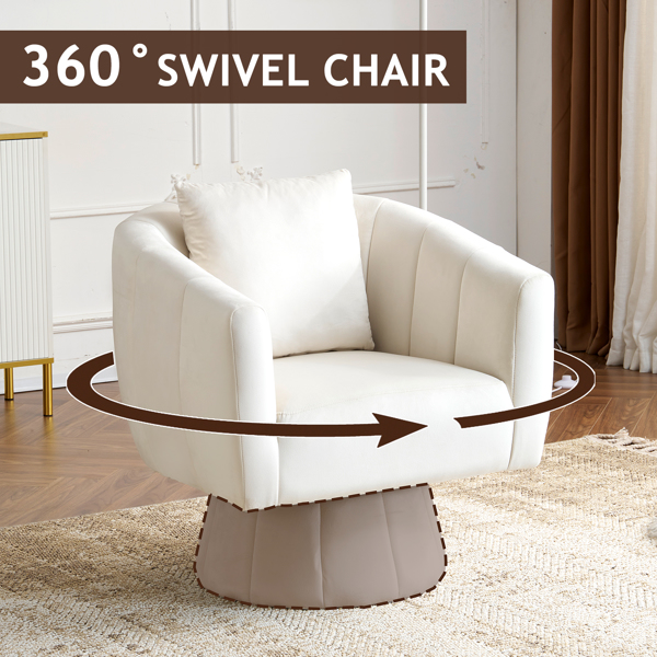 360° Swivel Accent Chair, Modern Velvet Fabric Living Room Armchair with Fluffy Cushions, Comfy Wide Upholstered, Barrel Accent Chairs for Living Room, Bedroom, Lounge, Office Off-White