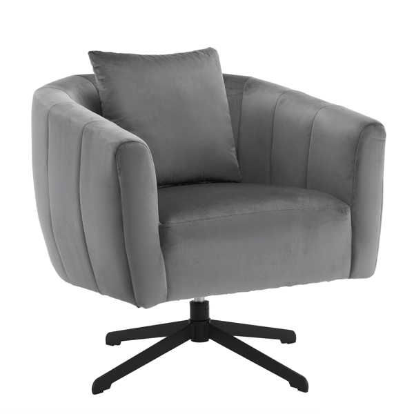 360° Swivel Accent Chair, Modern Velvet Fabric Living Room Armchair, Comfy Wide Upholstered with Fluffy Cushion and Metal Legs, Barrel Chairs for Living Room, Lounge, Office Gray