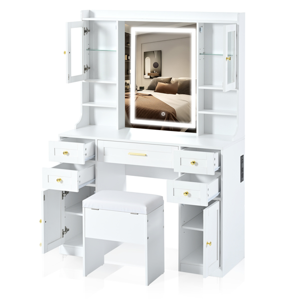 41.4" Makeup Vanity Desk with Mirror and Lights, Makeup Table with 5 Drawers and 4 Cabinets, Dressing Table with Charging Station and Cushioned Storage Stool for Bedroom, White