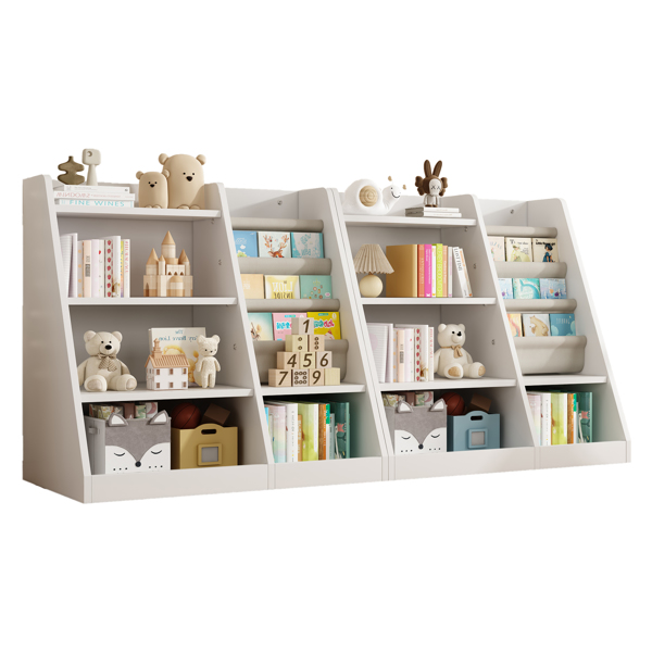 White Wooden Toy Storage Organizer Cabinet  Kids Bookshelf  Children Bookcase Toddler Baby Sling Book Rack Adjustable Shelf for Playroom Bedroom Nursery Hallway School Kindergarten Living Room