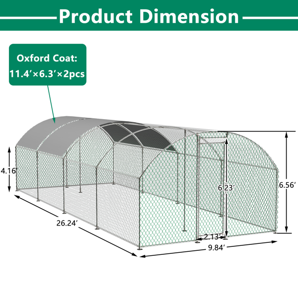 26'x9'x6'Large Metal Chicken Coop,Walk-in Poultry Cage,Chicken Run with Waterproof Cover,Outdoor Backyard Farm,Chicken Rabbits Duck Run Pen,Easy to Assemble And Clean