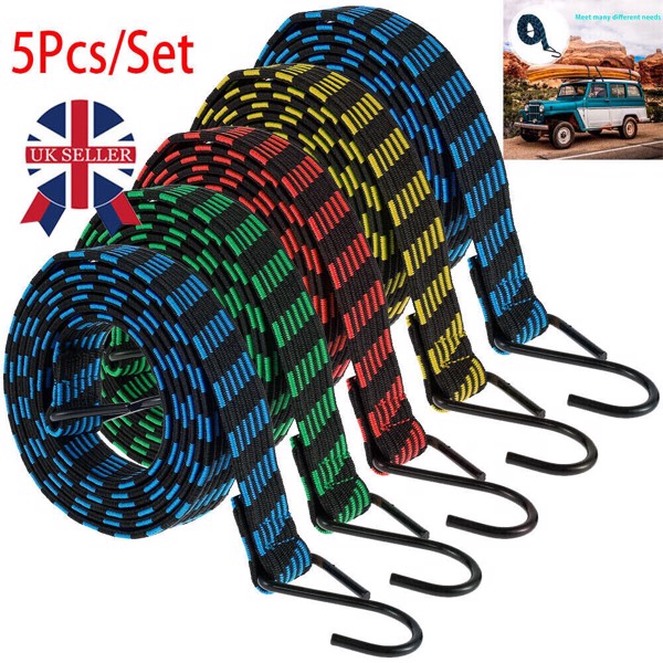 5XHeavy Duty Elastic Luggage Bungee Rope Cords Strap Strong Hook Car&Bike Tie UK