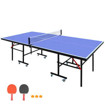 8ft Mid-Size Table Tennis Table Foldable & Portable Ping Pong Table Set for Indoor Games with Net, 2 Table Tennis Paddles and 3 Balls