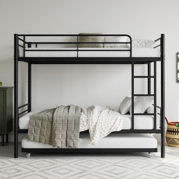 Twin Bunk Bed with Trundle Metal Bunkbeds with Ladder and Full-Length Guardrail, Noise Free, No Box Spring Needed, Black