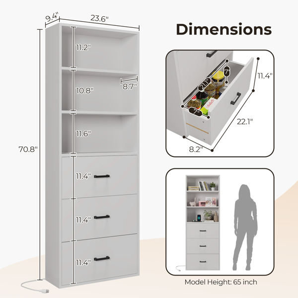 FCH 3-layer with 2 USB 2 plugs US standard 3 drawers Triamine board 60*23.5*180cm display cabinet white