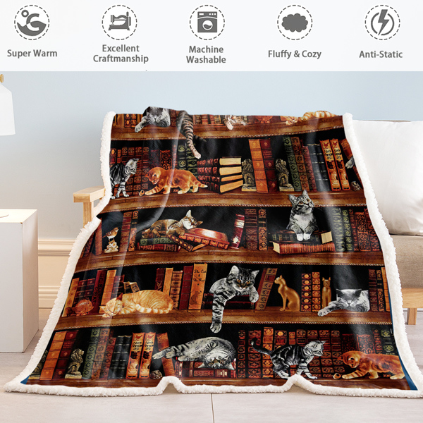 Vintage Kitten Sherpa Blanket Cat in The Bookshelf Throw Blanket Librarian Book Lover Gifts Fleece Blankets for Bed Couch Sofa 50*60 Inches