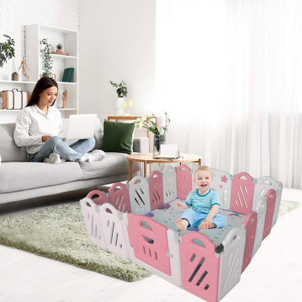 20+2 Panel Baby Playpen, Foldable Playard for Baby and Kids, Adjustable Shape Play Fence with Safety Lock Gate (Pink+White,20+2 Panel)