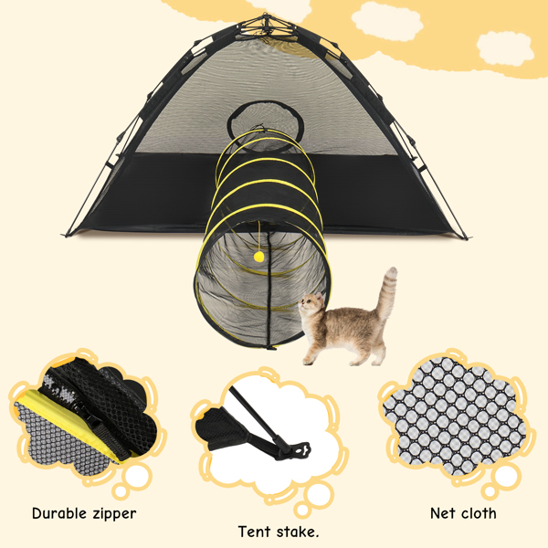 Outdoor Cat Play Tent with Tunnel, Portable Cat Playhouse for Indoor Outdoor, Cat Playpen Enclosed for Cats Rabbits and Small Animals, Yellow