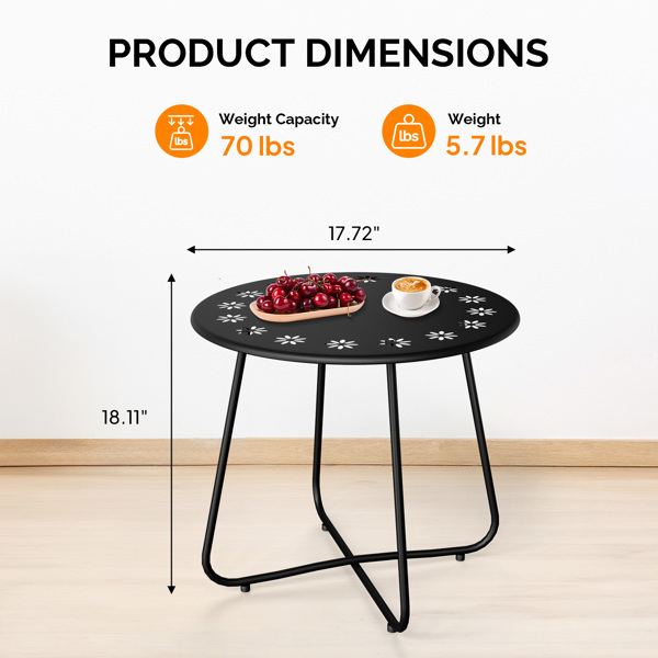 Outdoor Side Table with Flower Cut Outs, Weather Resistant Steel Patio Side Table, Round Outdoor End Table for Patio Yard Balcony Garden, Black