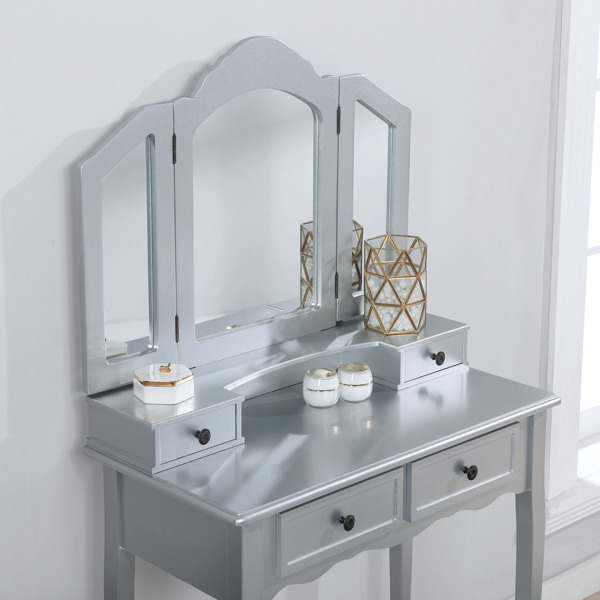 Wooden Vanity Make Up Table and Stool Set, Silver