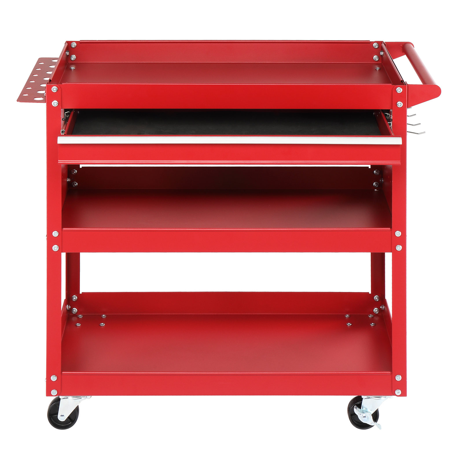 3-Tier Rolling Tool Cart, Metal Heavy Duty Utility Cart on Wheels with Pegboard & Drawer & 4 Hooks view 3