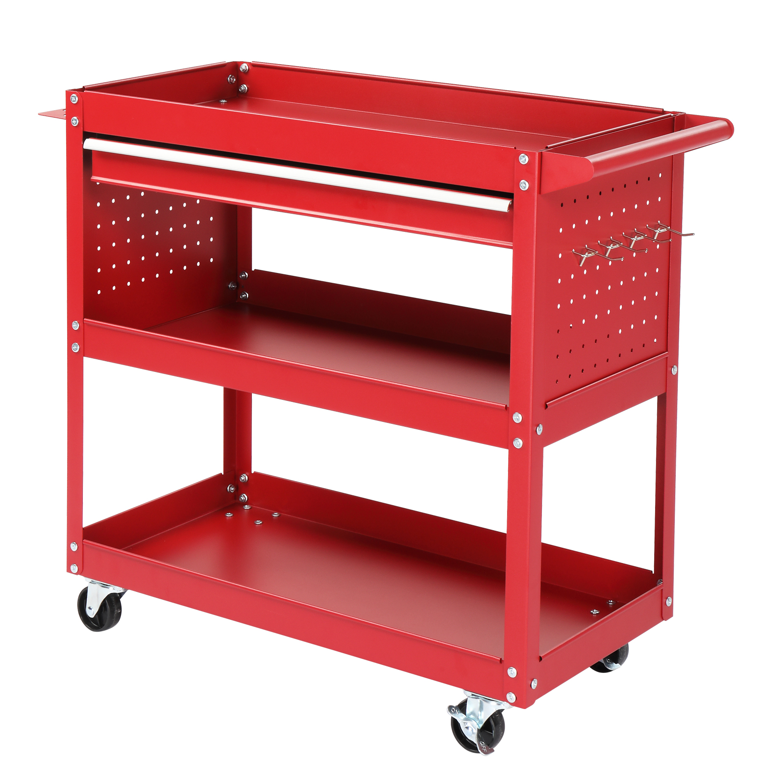 3-Tier Rolling Tool Cart, Metal Heavy Duty Utility Cart on Wheels with Pegboard & Drawer & 4 Hooks view 5
