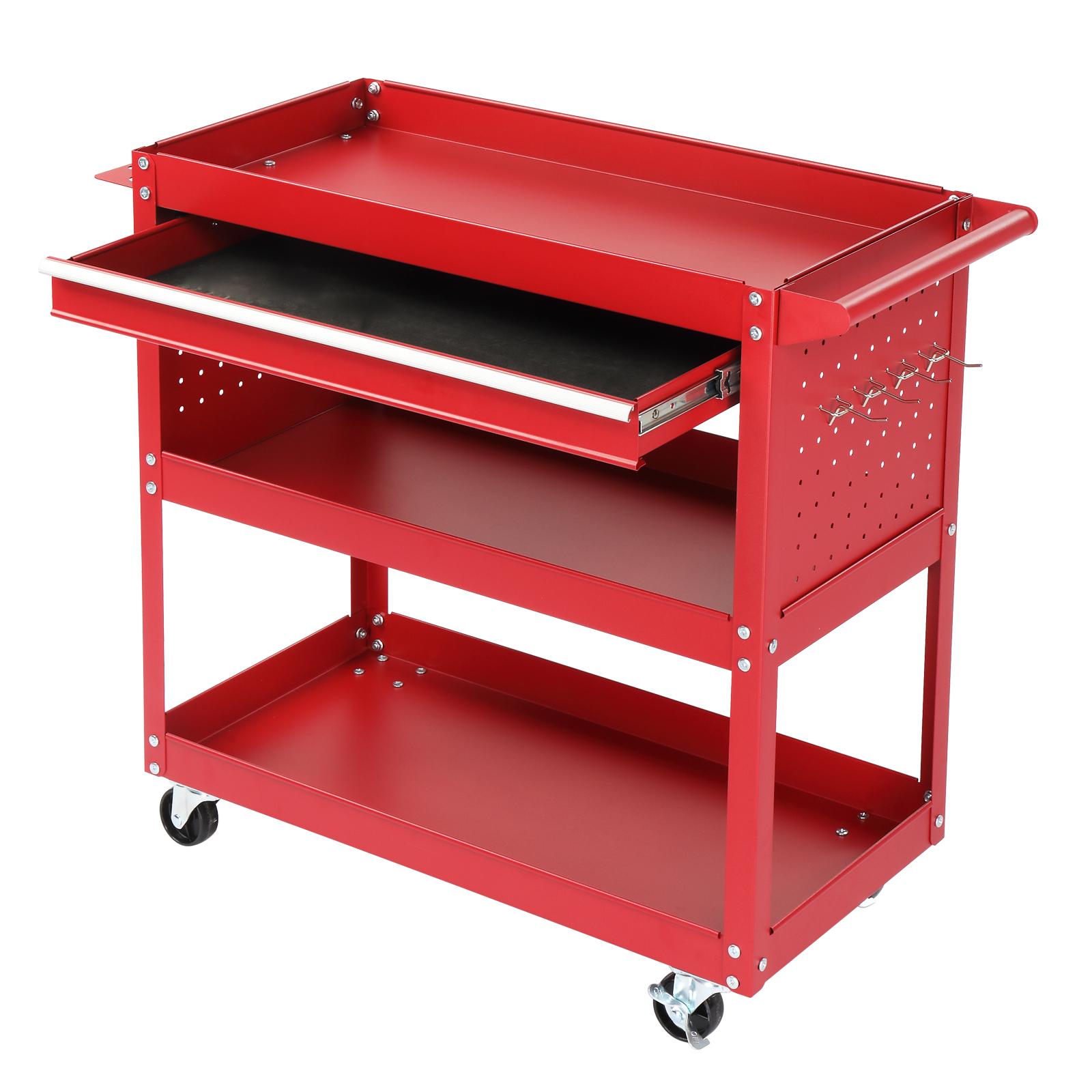 3-Tier Rolling Tool Cart, Metal Heavy Duty Utility Cart on Wheels with Pegboard & Drawer & 4 Hooks view 4