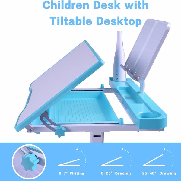 Desk for Kids Desk and Chair Set Kids Art Desk Drafting Table Desk Set with Adjustable Height, 40-Degree Tiltable Children Desktop, LED Light,Bookstand,Blue