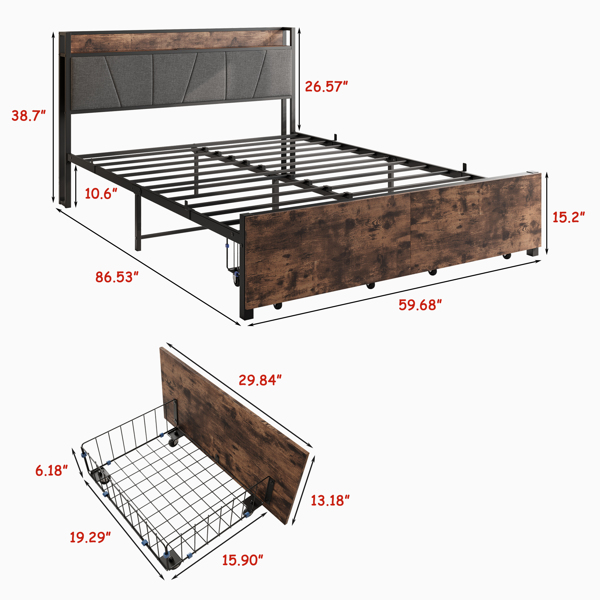 Queen Size Bed Frame, Storage Headboard with Charging Station and 2 Drawers, Solid and Stable, Noise Free, No Box Spring Needed, Easy Assembly, Vintage Brown and Gray