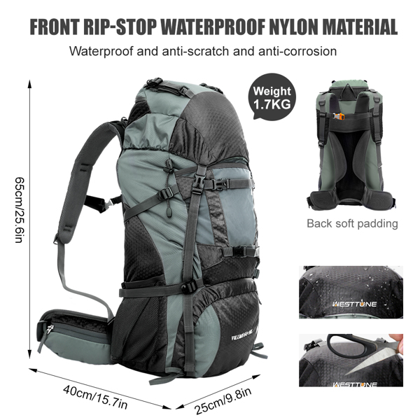  60L Outdoor hiking backpack with internal frame, including rain cover, grey （Amazon Shipping）（Prohibited by WalMart）（No shipment on weekends）