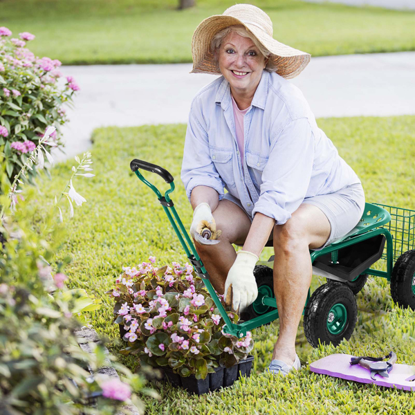 Rolling Garden Work Seat with Wheels, Garden Scooter with 360 Degree Swivel Seat & Extendable Handle & Tool Tray, Gardening Stool for Planting, Green