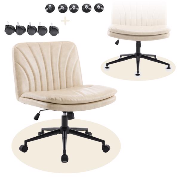 Criss Cross Chair with Wheels & pegs,Dual-Base Wide Armless Comfy Desk Chair Cross Legged,Adjustable Swivel Modern Vanity Chair,Computer Rolling Chair for Home Office,Makeup,Waxed PU,Lvory White