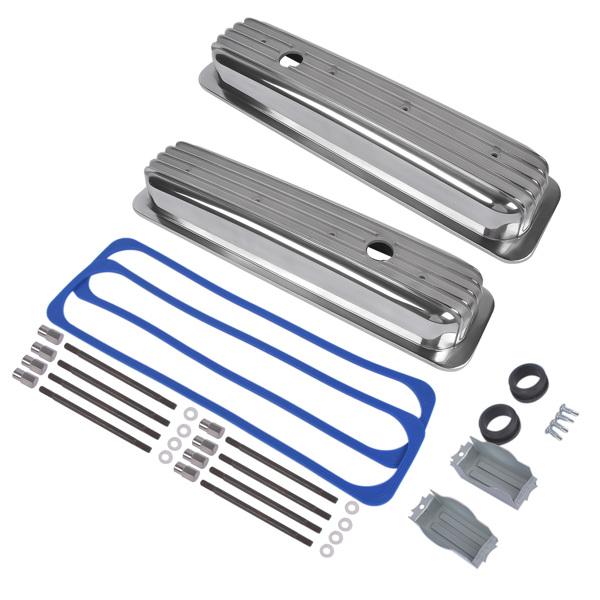 Polished Short Finned Center Bolt Valve Covers w/ Gasket For SBC 1987-1997 Small Block Chevy 5.0L 5.7L 305 350 Engines