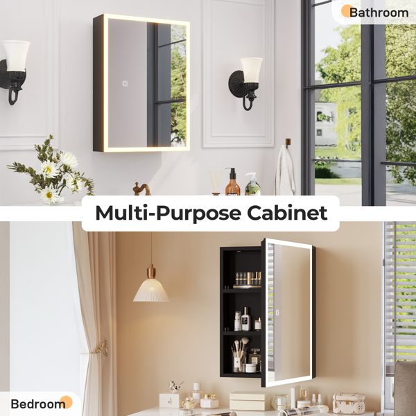 FCH Black Particleboard Acrylic Frame 71*50.8*15cm 1 Door 2 Shelves LED Mirror Cabinet Three Color Tones Adjustable Brightness Power-off Memory Universal for Left and Right Doors