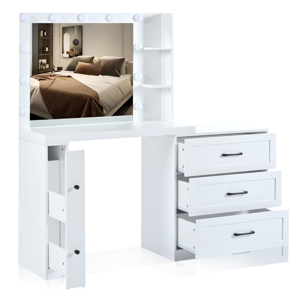 55.2" Vanity Desk with Freely Adjustable Side Cabinet, Makeup Vanity with Hollywood Lights, 5 Storage Drawers & 2-shelves, Modern Dressing Table, White（stool not included）