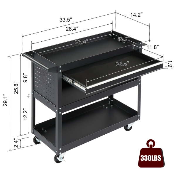 3-Tier Rolling Tool Cart, Metal Heavy Duty Utility Cart on Wheels with Pegboard & Drawer & 4 Hooks, 330 lb Load Large Storage Capability Tool Cart for Garage Warehouse Repair Shop, Black