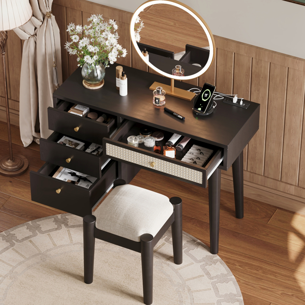 39" Retro Bohemian Style Wooden Makeup Vanity Set with Charging Plug&USB Port and Stool, Dressing Table with 3 Storage Drawers and 1 Rectangular Rattan Drawer, Black(MIRROR NOT INCLUDED)