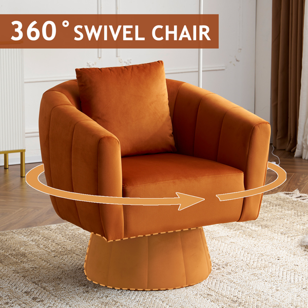 360° Swivel Accent Chair, Modern Velvet Fabric Living Room Armchair with Fluffy Cushions, Comfy Wide Upholstered, Barrel Accent Chairs for Living Room, Bedroom, Lounge, Office Burnt orange