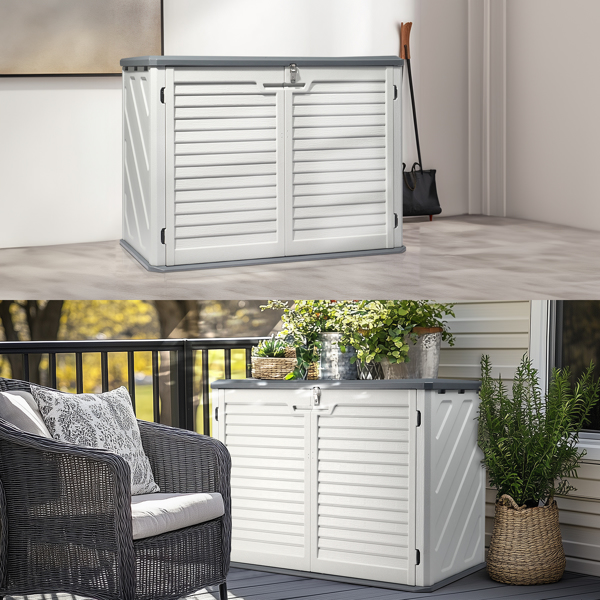  Outdoor Storage Shed, 34 Cu Ft Horizontal Outdoor Storage Cabinet, Lockable Outdoor Storage Box for Garbage Cans, Lawn Mower and Tools, Grey & White