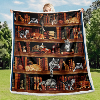 Vintage Kitten Sherpa Blanket Cat in The Bookshelf Throw Blanket Librarian Book Lover Gifts Fleece Blankets for Bed Couch Sofa 50*60 Inches