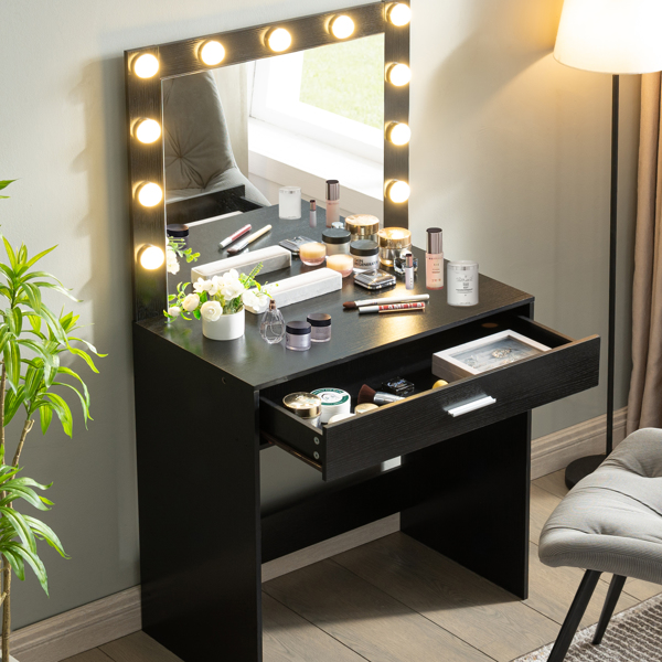 Vanity Desk with Mirror and Lights, Dressing Table with Large Drawer, 1 Level Storage Dresser & 3 Lighting Modes Adjustable Brightness, Suitable for Bedroom(Black)