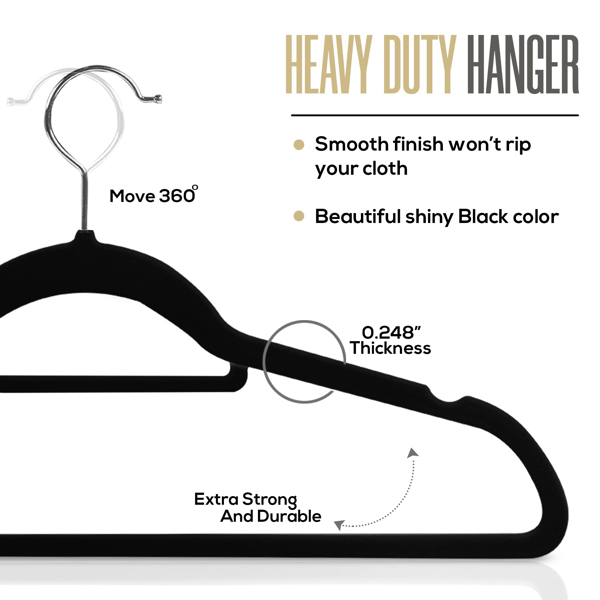 Velvet Hangers - 60PCS Black Space-saving & Non-slip. with Tie Bar and Shoulder Notch. Highly Durable for Suits, Coats, Shirts, Pants and Dresses. Slim Design with 360° Swivel Hook. 