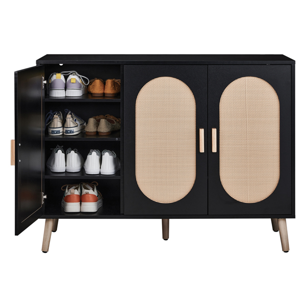 FCH 3-door vertical shoe cabinet particle board + plastic rattan black frame + original wood rattan surface + gold high feet