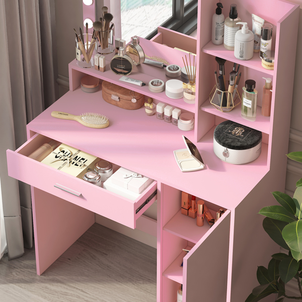 Vanity Desk with Mirror & Light, Large Drawer Three Level Storage Dresser, 3 Lighting Modes Adjustable Brightness, Bedroom Dressing Table(Pink)