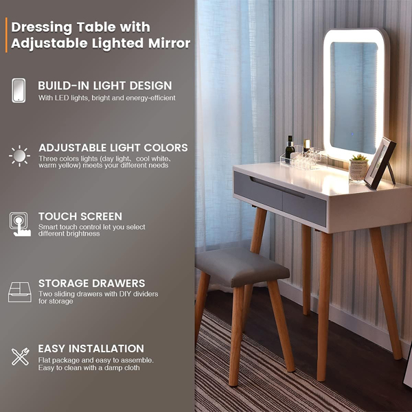 Vanity Table Set with Adjustable Brightness Mirror and Cushioned Stool, Dressing Table Vanity Makeup Table with Free Make-up Organizer（ video provided ）