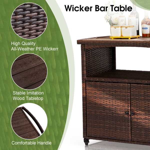 Outdoor Bar Cart with Storage Cabinet, Patio Wicker Sideboard Buffet Cabinet Prep Table, Outside Kitchen Serving Cart with Rolling Wheels & Handles, Brown