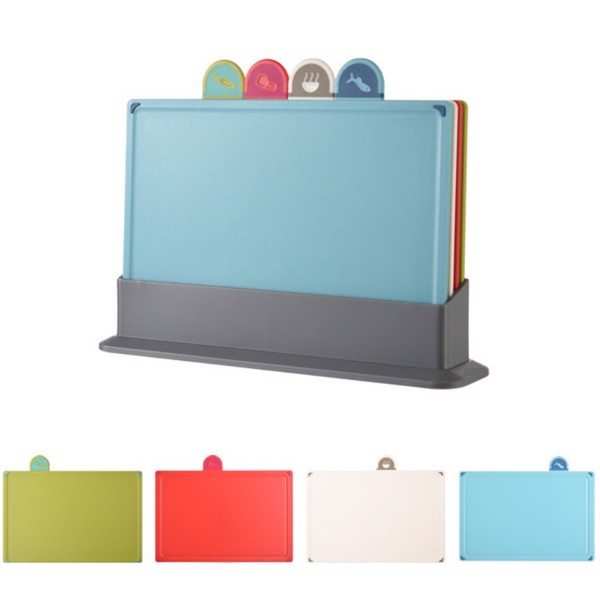 ​​​COLOURED 4X CHOPPING BOARD SET NON-SLIP INDEX CUTTING BOARD WITH STAND ZENO