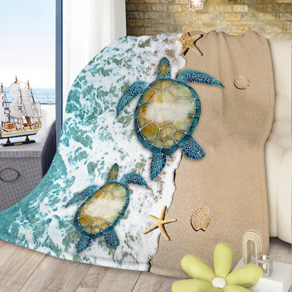 Sea Turtle Flannel Blanket Modern Coastal Ocean Beach Swirls Throw Blanket for Bed Sofa Couch Super Soft Lightweight Blue Ocean Animal Blanket 75*100cm