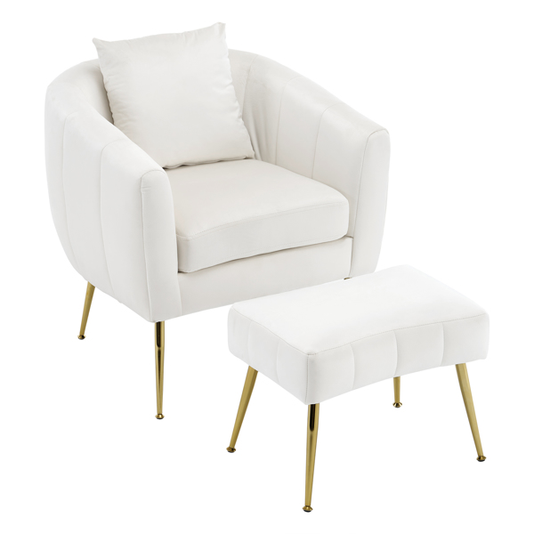 Velvet Accent Chair Set Barrel Chair with Ottoman Modern Club Chair Reading Armchair with Lumbar Pillow for Living Room, Bedroom, Study Room, Home Office Off-White