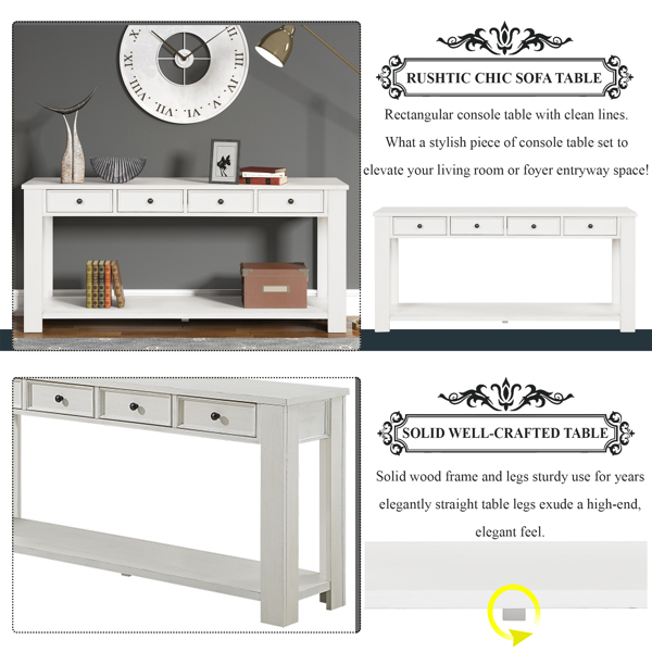 63" Pine Wood Console Table with 4 Drawers and 1 Bottom Shelf for Entryway Hallway Easy Assembly 63 inch Long Sofa Table (Antique White)