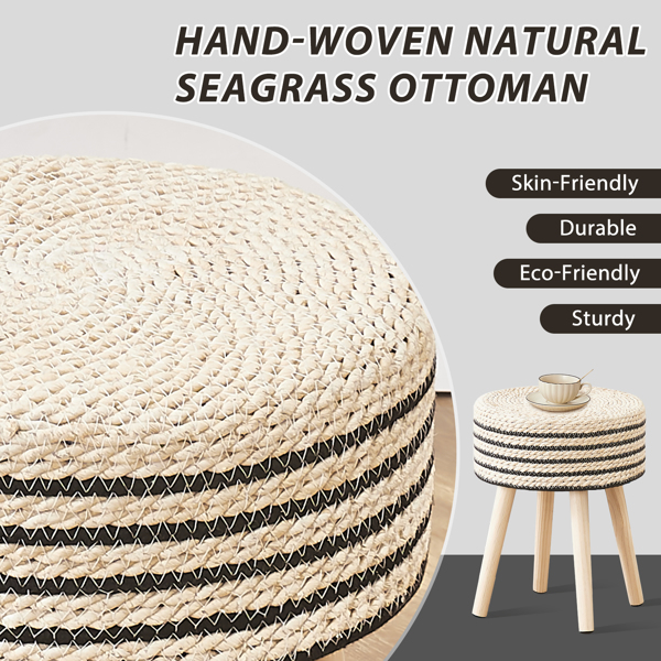 Round Ottoman Footstool Natural Seagrass Foot Stool Pouf Ottomans with Solid Wood Legs Hand Weave Hyacinth Footrest Step Stool for Living Room Balcony Garden Natural/Black