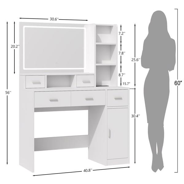 Desk With Mirror And Lights, White Makeup Vanity With Adjustable LED Mirror, Small Vanity Table With Charging Station & Storage