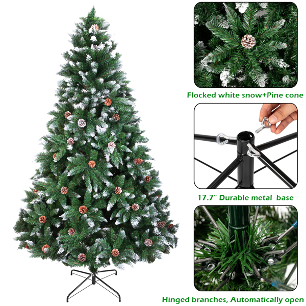 6 FT Artificial Snow Tipped Christmas Tree with DIY 100 Warm Lights Battery Operated, Hinged Xmas Pine Tree with 920 Branch Tips and 52 Pine Cones for Holiday Party Office Home, Green & Snow Tipped