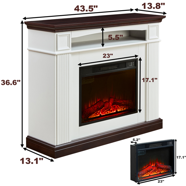 Electric fireplace with mantel shelf, freestanding fireplace heater with LED flame, 23-inch fireplace insert in firebox for bedroom and living room