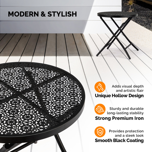 18 inch Folding Patio Side Table, Metal Steel Outdoor Round Coffee Table with Flower Cutouts for Patio Yard Balcony Garden, Black