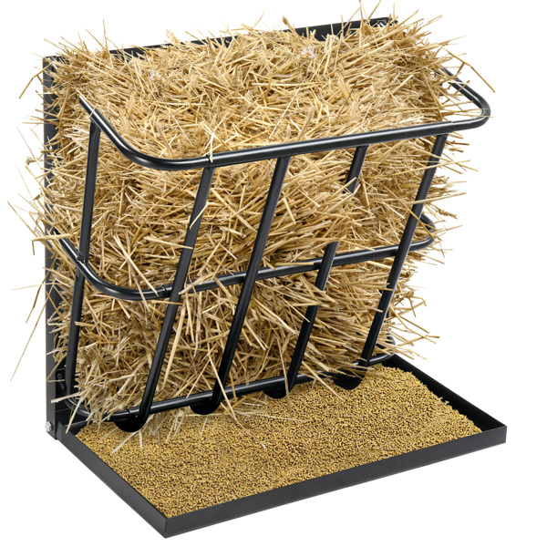 Large Capacity Hay Feeder with Detachable Grain Tray, Heavy Duty Steel 2 in 1 Hay Rack, Multiple Sided Goat Feeding Rack for Sheep Farm Livestock Indoor Outdoor, Black